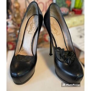 YSL Black Leather Tribute Platform Heels Pumps Size 38.5 US 8 Authentic $795 Box